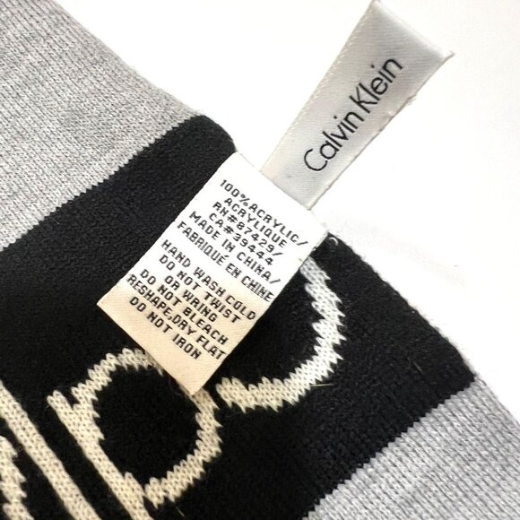 Calvin Klein Logo Knit Scarf NWOT 9x82 Black Gray White Stripe Unisex - Picture 4 of 5